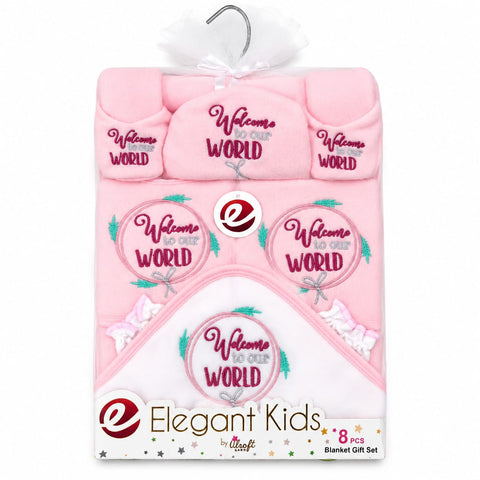 Elegant Kids baby blanket gift set in pink and white packaging, featuring a plush blanket, matching hoodies, and a wrap with 'Welcome to Our World' embroidery.