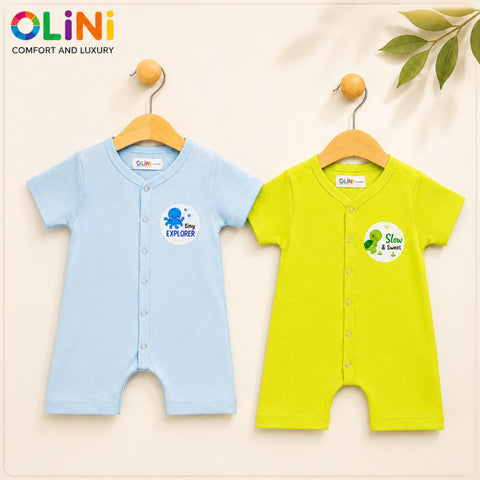 Cotton Jersey Short Leg Rompers - Pack of 2 - Sky & Lemon - NUJ - OLINI