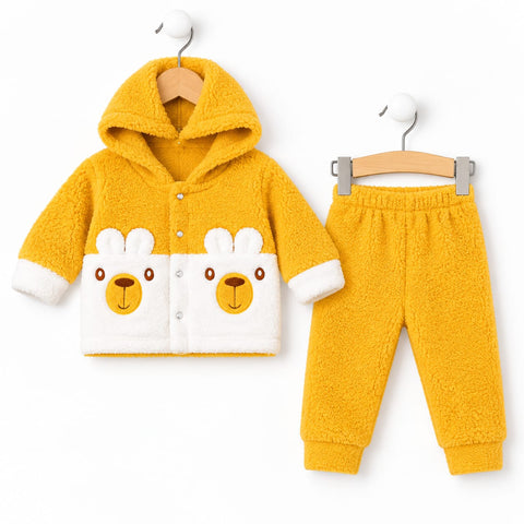 Newborn Fur Hooded Shirt & Trouser Set Yellow Bear 0 Size | Soft Winter Baby Outfit