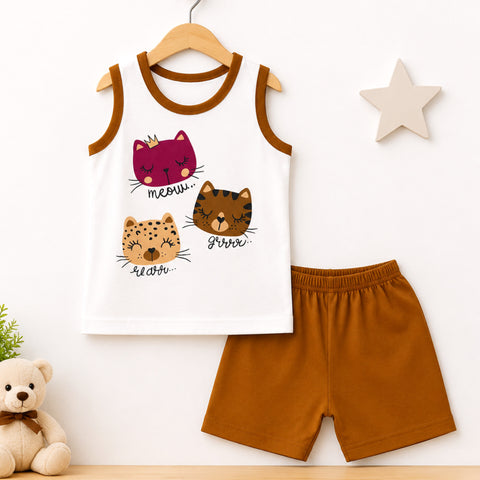 Cotton Jersey Sando & Short - Yellow - Cats