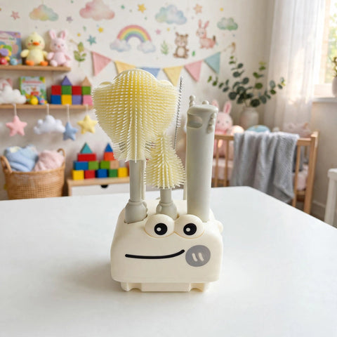 A baby toothbrush holder and brush set with a cute cartoon face on the base, shown on a white table in a decorated nursery room.